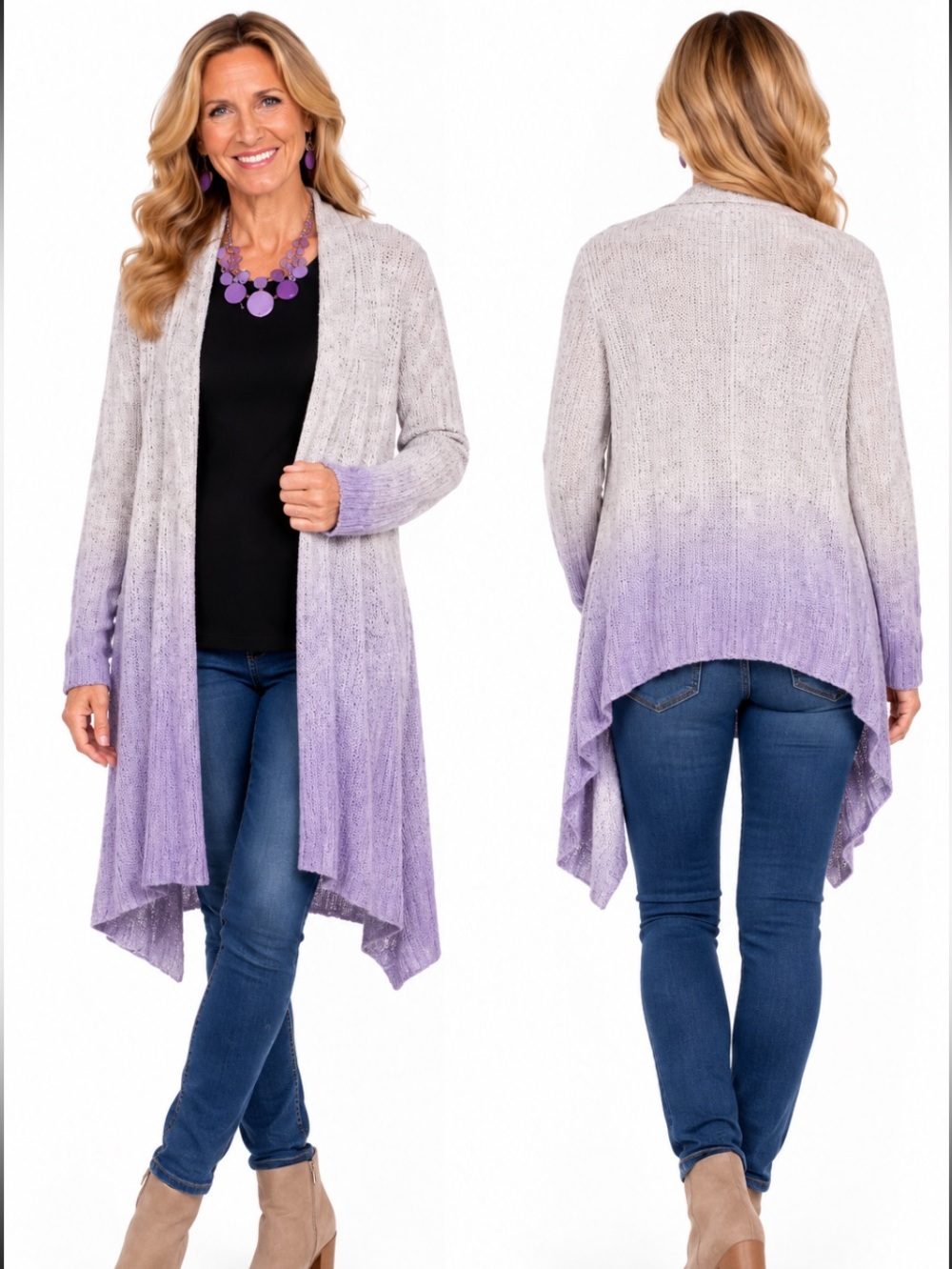 DKNY JEANS Gray to Lavender Ombre Open-Front Cardigan Sweater Size: Large
